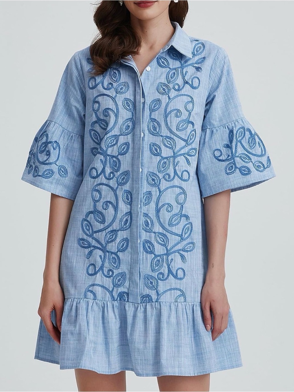 Light Blue Embroidered Shirt Dress NWT - Picture 2 of 4